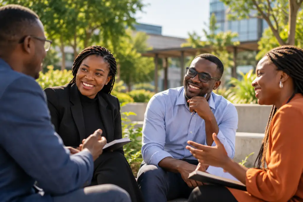 outdoor collaborative business discussion